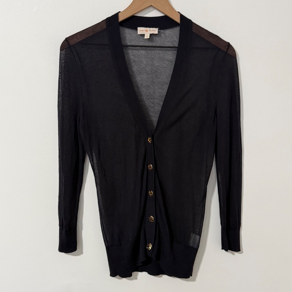 Tory Burch Cardigan Women M Black Sheer Gold Button Old Money Quiet Luxury Layer